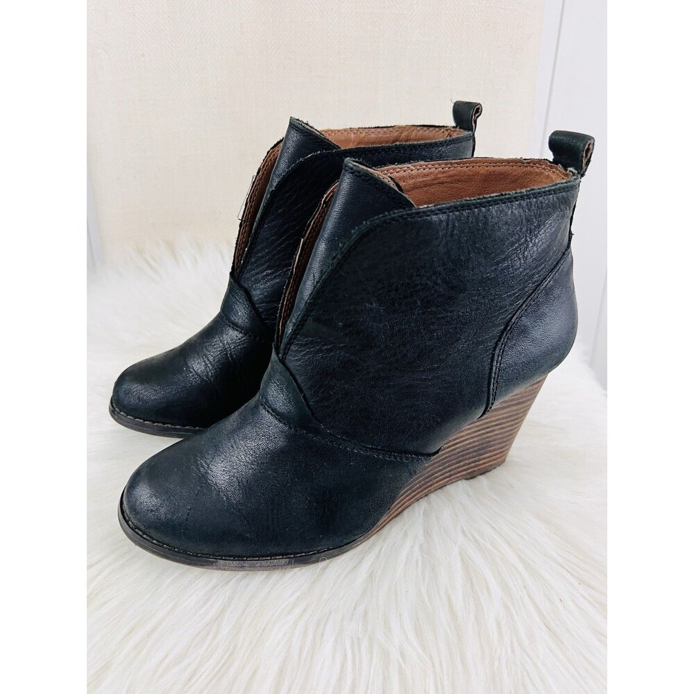 Lucky Brand Yinan Black Leather Stacked Wedge Ankle Boots Booties Size 7.5M